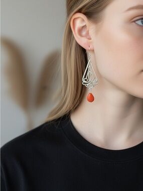 Sterling Silver Filigree Teardrop Earrings with Coral Drop - Orange